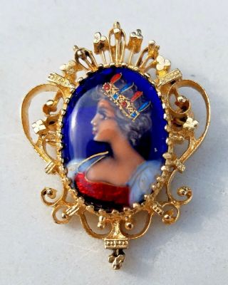 ESTATE 14K YELLOW GOLD HAND PAINTED FRENCH ENAMEL PENDANT OR PIN - FRANCE REGAL 7