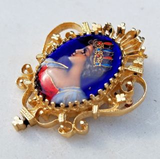 ESTATE 14K YELLOW GOLD HAND PAINTED FRENCH ENAMEL PENDANT OR PIN - FRANCE REGAL 9