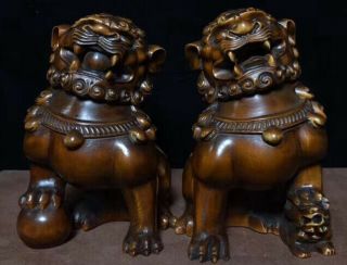 Delicate Handwork Ancient Old Boxwood Carve Mighty Lion One Pair Exorcism Statue