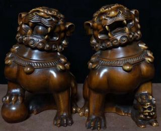 Delicate Handwork Ancient Old Boxwood Carve Mighty Lion One Pair Exorcism Statue 4