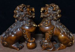 Delicate Handwork Ancient Old Boxwood Carve Mighty Lion One Pair Exorcism Statue 5