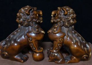 Delicate Handwork Ancient Old Boxwood Carve Mighty Lion One Pair Exorcism Statue 6