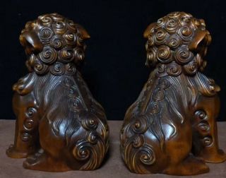 Delicate Handwork Ancient Old Boxwood Carve Mighty Lion One Pair Exorcism Statue 7