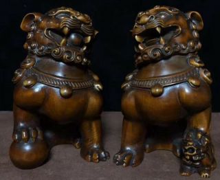 Delicate Handwork Ancient Old Boxwood Carve Mighty Lion One Pair Exorcism Statue 8