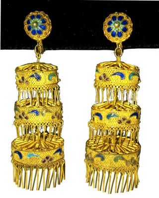 Antique Chinese Silver Enamel Cloisonne Earrings Qing Gold Filigree Estate Long
