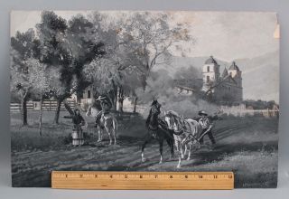 Antique 1887 California Santa Barbara Mission Farming Horses Gouache Painting