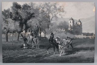 Antique 1887 California Santa Barbara Mission Farming Horses Gouache Painting 2