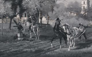 Antique 1887 California Santa Barbara Mission Farming Horses Gouache Painting 3