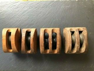 4 Hardwood Vintage Pulleys - Could Be From Old Boat