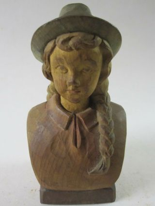 Vintage Hand - Carved Wooden German Bust Of Pigtails Girl Black Forest Germany