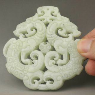 Chinese Old Natural Jade Hand - Carved Double Dragon Pendant 2.  9 Inch