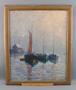 Lrg Antique Amee Davis American Gloucester Harbor Maritime Oil Painting,  Nr