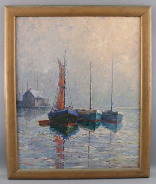 Lrg Antique AMEE DAVIS American Gloucester Harbor Maritime Oil Painting,  NR 2