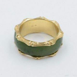 Vintage Asian 14k Yellow Gold Green Jade Nephrite Ring 8mm Band Sz 6.  5 Bamboo