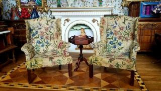 Antique Vintage Dollhouse Miniature Artisan Petit Point Wingback Chairs Set 1:12