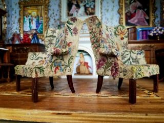 Antique Vintage Dollhouse Miniature Artisan Petit Point Wingback Chairs Set 1:12 3