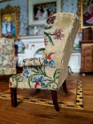 Antique Vintage Dollhouse Miniature Artisan Petit Point Wingback Chairs Set 1:12 5