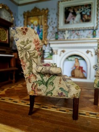 Antique Vintage Dollhouse Miniature Artisan Petit Point Wingback Chairs Set 1:12 9