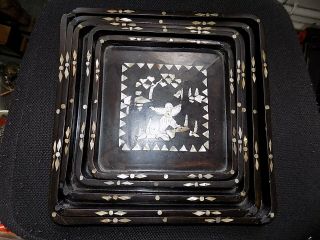5 X Antique Chinese Lacquer Ware Stacking Trays Shell Mother Of Pearl Inlay