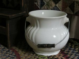 Vintage Antique Ironstone China Chamber Pot W/ Wood And Wire Handle