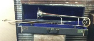 Vtg King Tempo Model Nickel Plated Trombone,  Mouthpiece & Case Sn 494155 Great