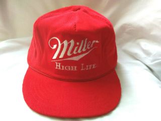 25 Vintage Miller High Life Beer Hat Cap Red Corduroy Embroidered Snap Back