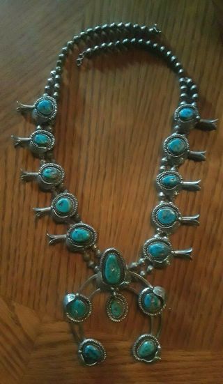 Antique Squash Blossom Necklace Bisbee Turquoise Sterling 234 Grams 26 " Huge
