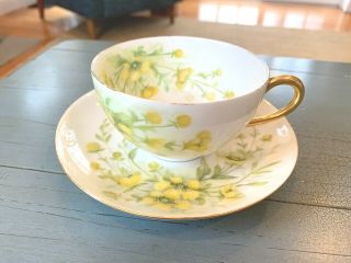 Limoges France T & V Tea Cup And Saucer White With Yellow Flowers Vintage