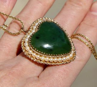 14k 585 Solid Yellow Gold Heart Jade Pearl Huge Heavy 14 Grams Pendant