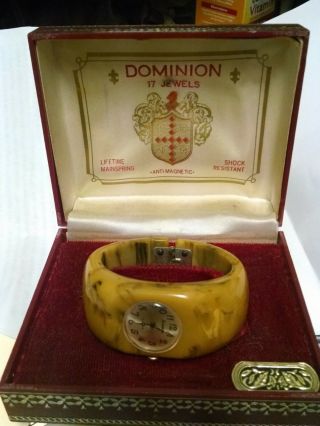 Vintage Rare Bakelite Cuff Dominion Watch 17 Jewels