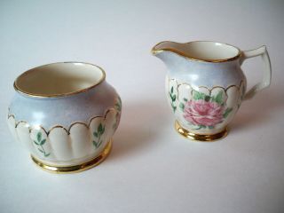 Vintage Cream Sugar Pink Rose And Blue Bowl Set Sadler England