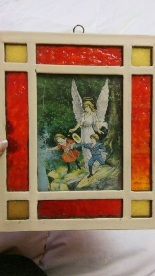 Victorian Guardian Angel Litho In Salvage Antique Stained Glass Frame