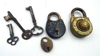 1 Very Old Combination Lock Plus 2 Old Locks Without Keys,  3 Old Keys