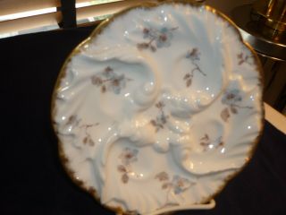 Antique Four Well Oyster Plate/dish/server By Limoges W/blue Flowers