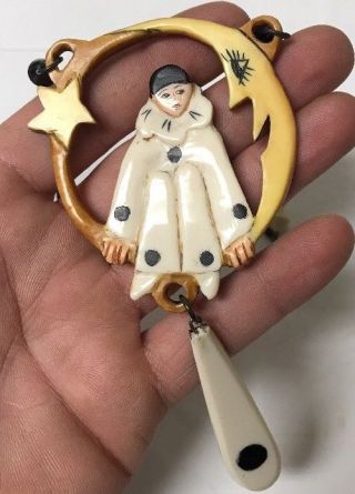 Rare Art Deco Pierrot On The Moon Clown French Carved Plastic Necklace - Estate