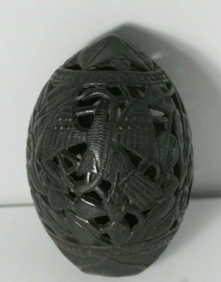 Antique 19thc Mexican Prison Folk Art Carved Coconut Shell Bank
