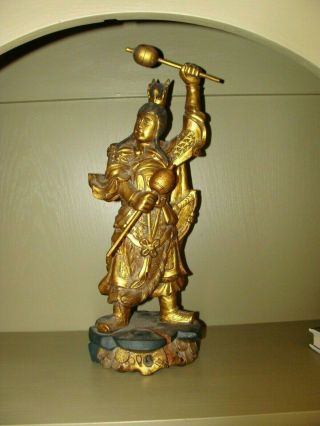 Vintage Gold Gilt Hand Carved Wood Asian Large Warrior Statue 18 " Tall Big