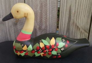 Wood Duck Decoy Folk Art Solid W/ Hand Painted Cherries 13 " L Primitive Door Stop