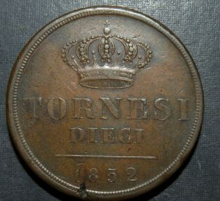 Tornesi Dieci Large Copper Rare 1852 Ancient Antique Italian States Cross Crown 2