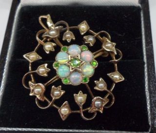 Early 20th Century 9ct Gold Opal Peridot & Seed Pearl Pendant Brooch Edwardian