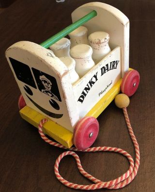 Vintage Playskool Dinky Dairy Wood Wagon Milk Bottle Pull Toy Solid