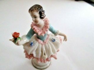 Antique Blue & Pink Dresden Lace Lady Holding Red Rose Figurine Germany 3 1/2 "