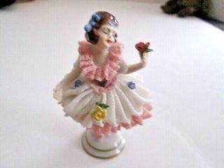 Antique Pink Dresden Lace Lady Ballerina Holding Rose Figurine Germany 3 3/8 "