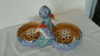 Antique Glazed Porcelain Bird Flower Vase/dish With Stem Holder