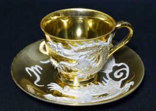 Japanese Art Deco Noritake Dragonware Teacup & 2 Saucers 22ct Gold Plated C1920