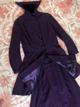 Antique Edwardian Purple Wool Walking Suit Dress Tiger Eye Buttons Sportswear