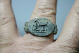 Ancient Interesting Roman Bronze Ring Goat 1st - 4th century AD 5