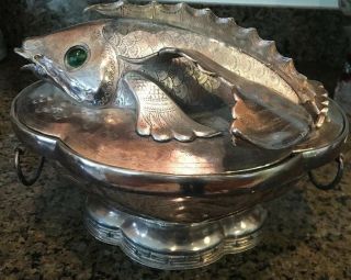 Vintage Fish Silver Centerpiece Tureen Serving Bowl Handles Hallmarked