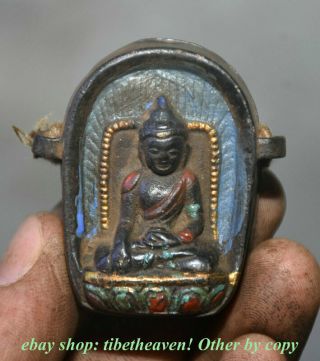 4.  5cm Old Tibetan Bronze Painting Buddhism Shakyamuni Amitabha Buddha Gawu Box