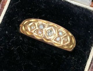 Victorian Antique Yellow Gold Diamond And Pearl Ornate Ring Band